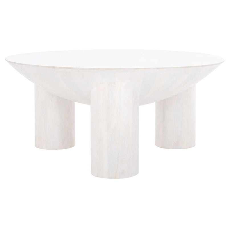 Table basse ronde en manguier massif, finition blanchie/naturelle, avec 3 pieds cylindriques, assemblage par 1 personne