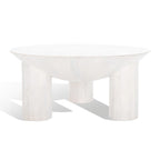 Table basse ronde en manguier massif, finition blanchie/naturelle, avec 3 pieds cylindriques, assemblage par 1 personne