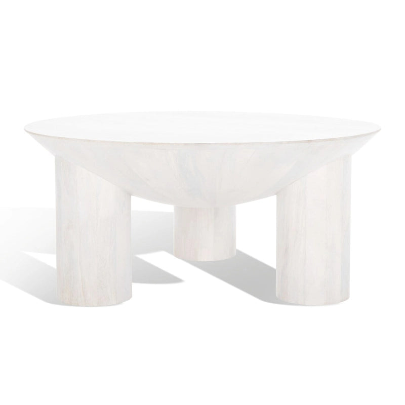 Table basse ronde en manguier massif, finition blanchie/naturelle, avec 3 pieds cylindriques, assemblage par 1 personne