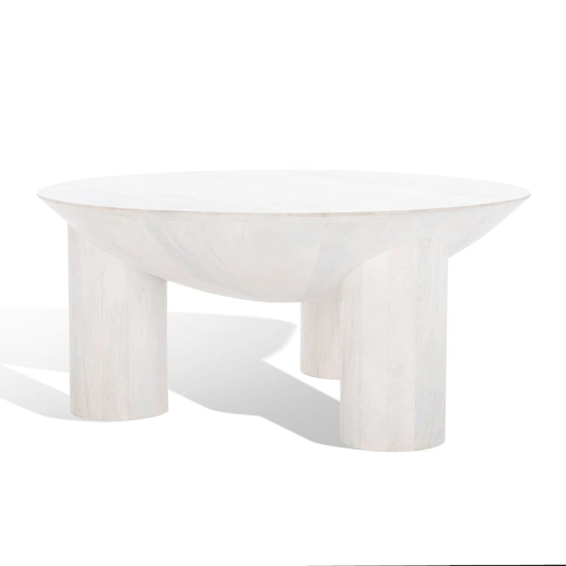 Table basse ronde en manguier massif, finition blanchie/naturelle, avec 3 pieds cylindriques, assemblage par 1 personne