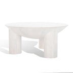Table basse ronde en manguier massif, finition blanchie/naturelle, avec 3 pieds cylindriques, assemblage par 1 personne