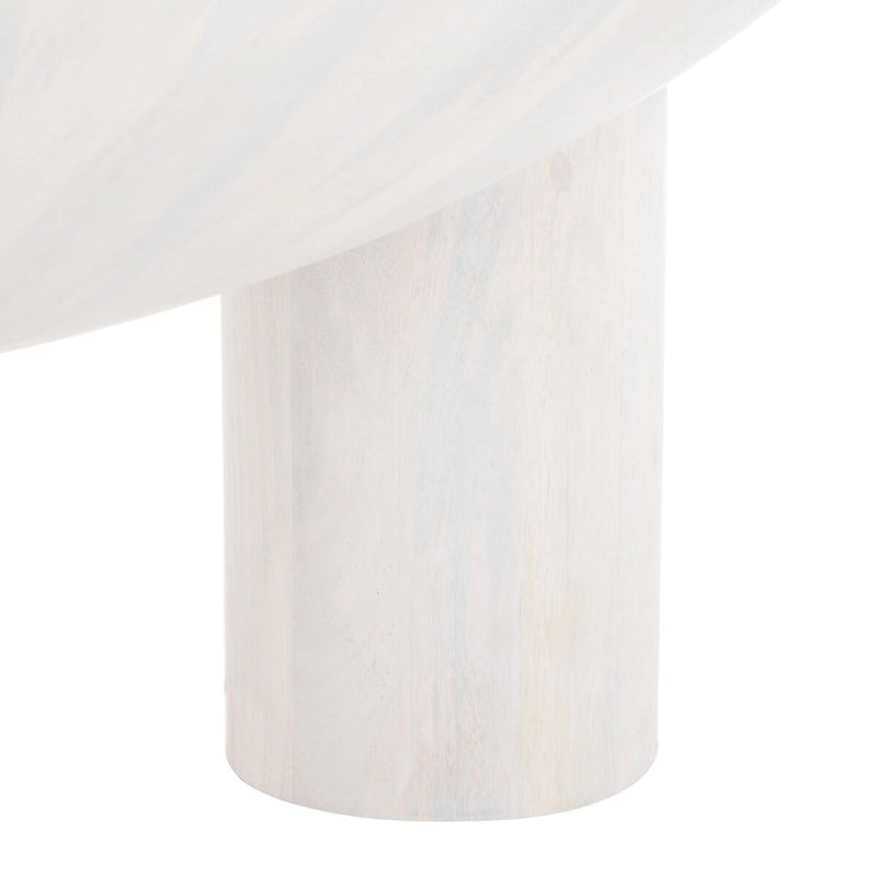 Table basse ronde en manguier massif, finition blanchie/naturelle, avec 3 pieds cylindriques, assemblage par 1 personne