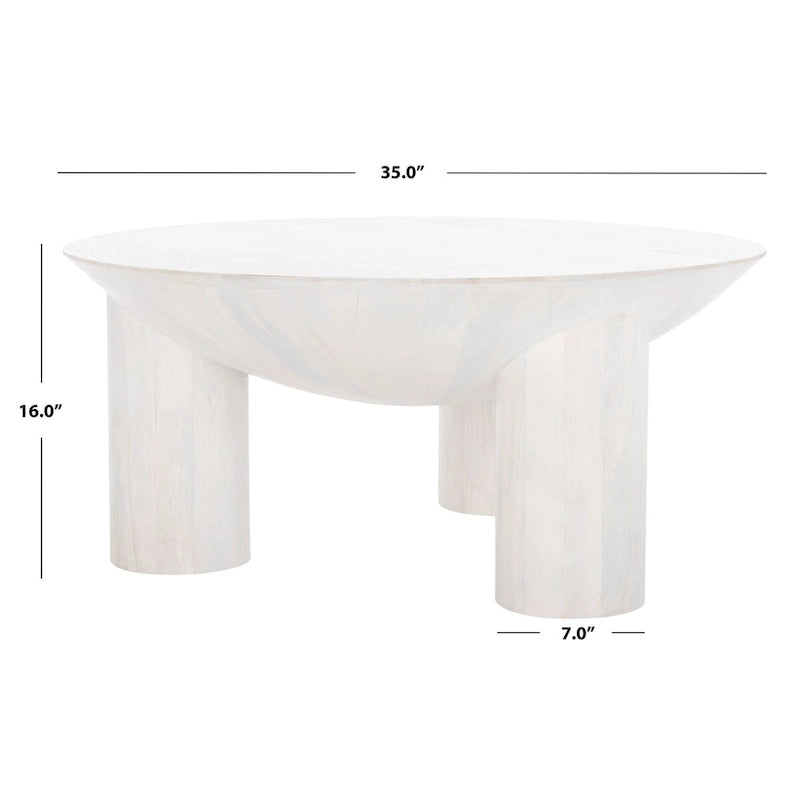 Table basse ronde en manguier massif, finition blanchie/naturelle, avec 3 pieds cylindriques, assemblage par 1 personne