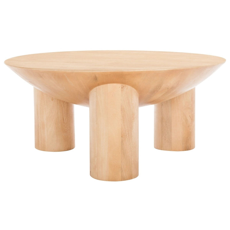 Table basse ronde en manguier massif, finition blanchie/naturelle, avec 3 pieds cylindriques, assemblage par 1 personne