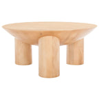 Table basse ronde en manguier massif, finition blanchie/naturelle, avec 3 pieds cylindriques, assemblage par 1 personne