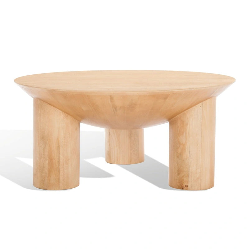 Table basse ronde en manguier massif, finition blanchie/naturelle, avec 3 pieds cylindriques, assemblage par 1 personne
