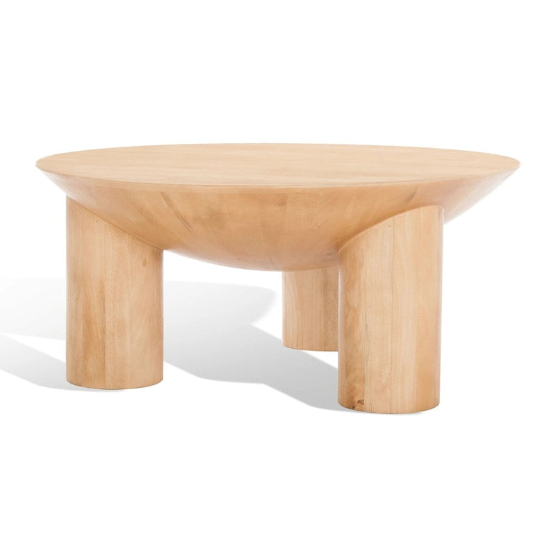 Table basse ronde en manguier massif, finition blanchie/naturelle, avec 3 pieds cylindriques, assemblage par 1 personne