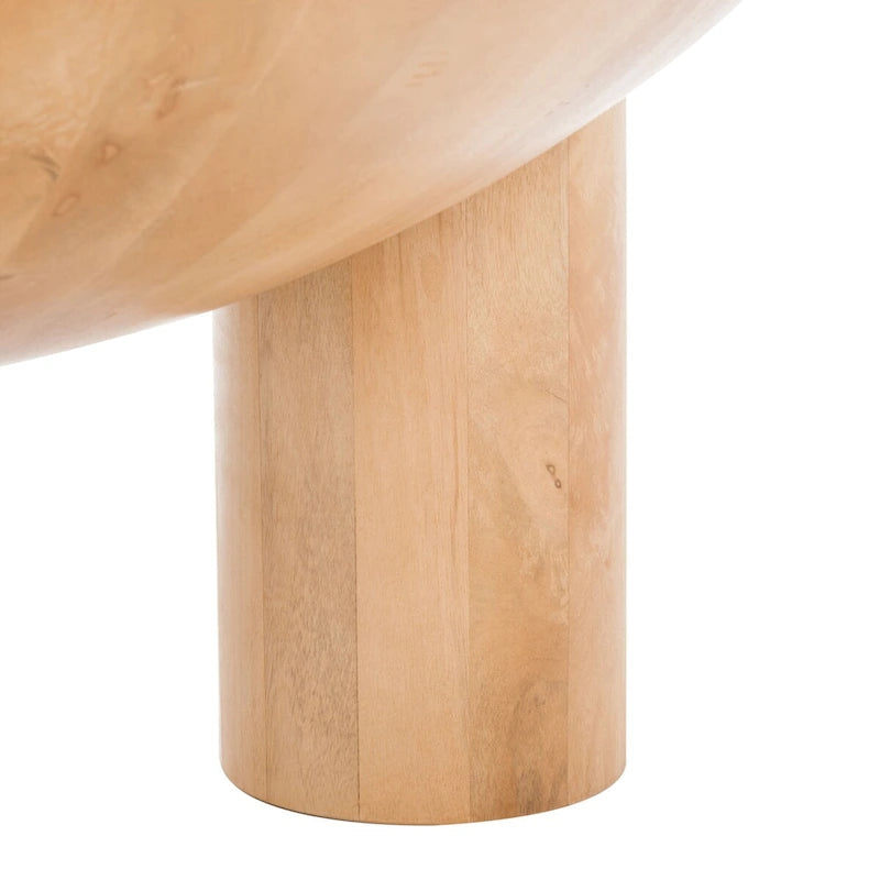Table basse ronde en manguier massif, finition blanchie/naturelle, avec 3 pieds cylindriques, assemblage par 1 personne