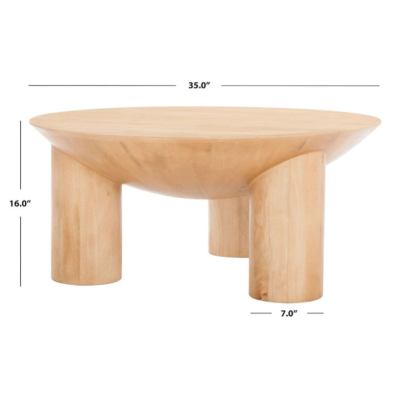 Table basse ronde en manguier massif, finition blanchie/naturelle, avec 3 pieds cylindriques, assemblage par 1 personne
