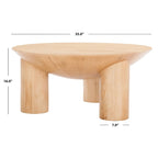 Table basse ronde en manguier massif, finition blanchie/naturelle, avec 3 pieds cylindriques, assemblage par 1 personne