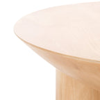 Table basse ronde en manguier massif, finition blanchie/naturelle, avec 3 pieds cylindriques, assemblage par 1 personne