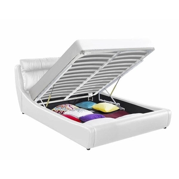 Lit plateforme de rangement à vérins en similicuir noir/blanc avec tête de lit rembourrée, Grand lit/Très grand lit, Montage à 2 personnes