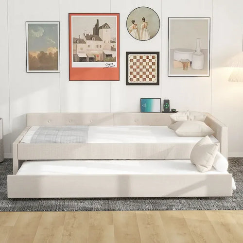 Lit plateforme double en lin beige avec tiroir-lit simple et ports de chargement USB, assemblage par 2 personnes