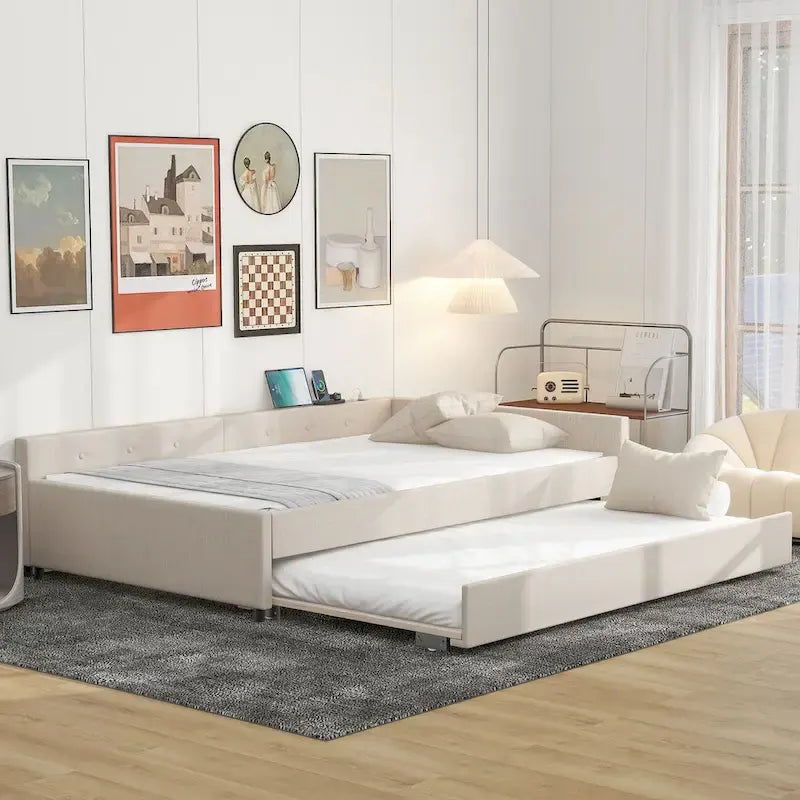 Lit plateforme double en lin beige avec tiroir-lit simple et ports de chargement USB, assemblage par 2 personnes