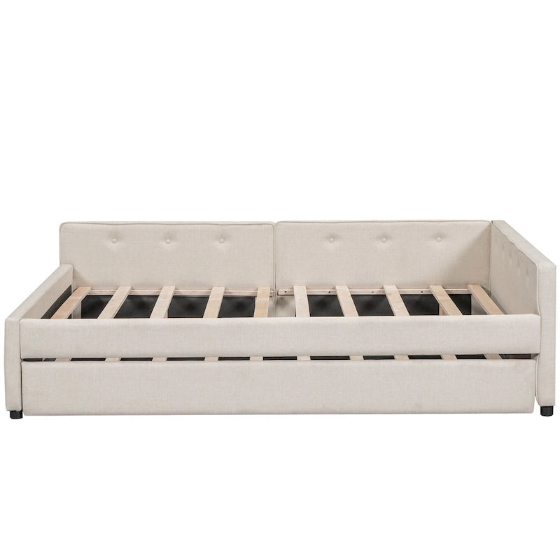 Lit plateforme double en lin beige avec tiroir-lit simple et ports de chargement USB, assemblage par 2 personnes