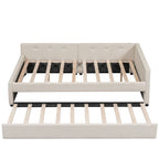 Lit plateforme double en lin beige avec tiroir-lit simple et ports de chargement USB, assemblage par 2 personnes