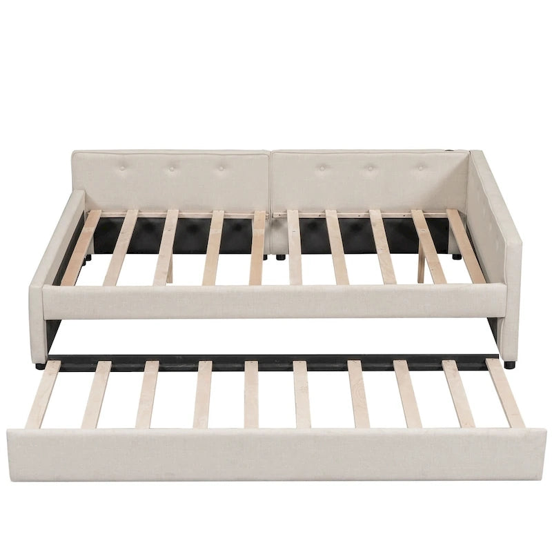 Lit plateforme double en lin beige avec tiroir-lit simple et ports de chargement USB, assemblage par 2 personnes