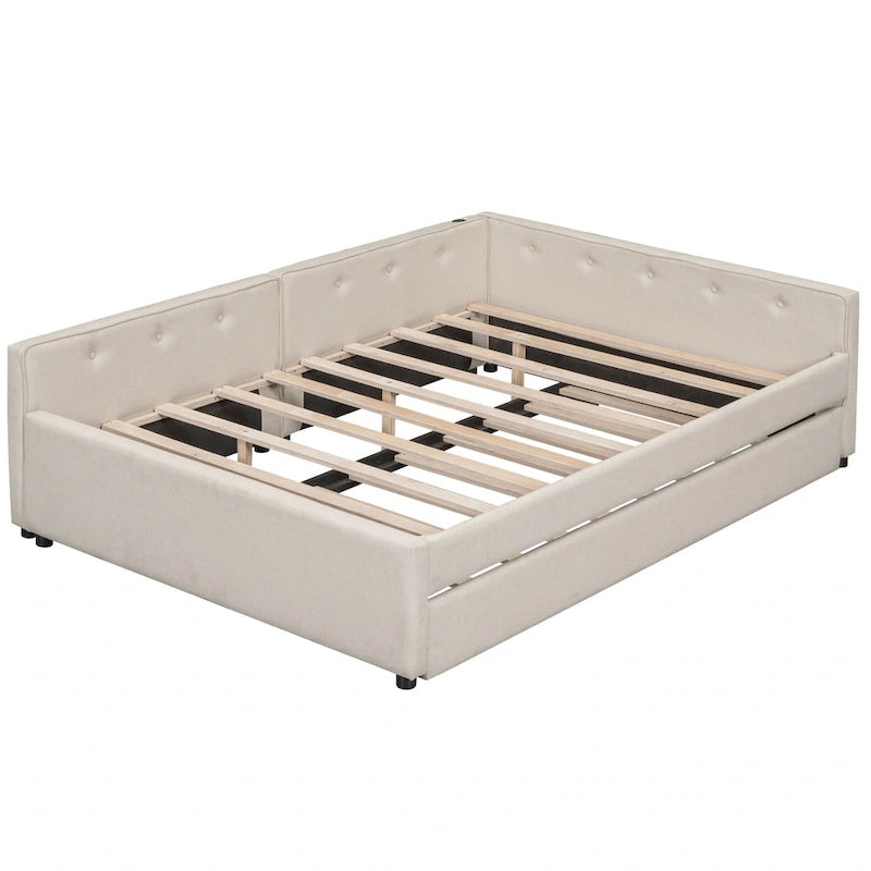 Lit plateforme double en lin beige avec tiroir-lit simple et ports de chargement USB, assemblage par 2 personnes