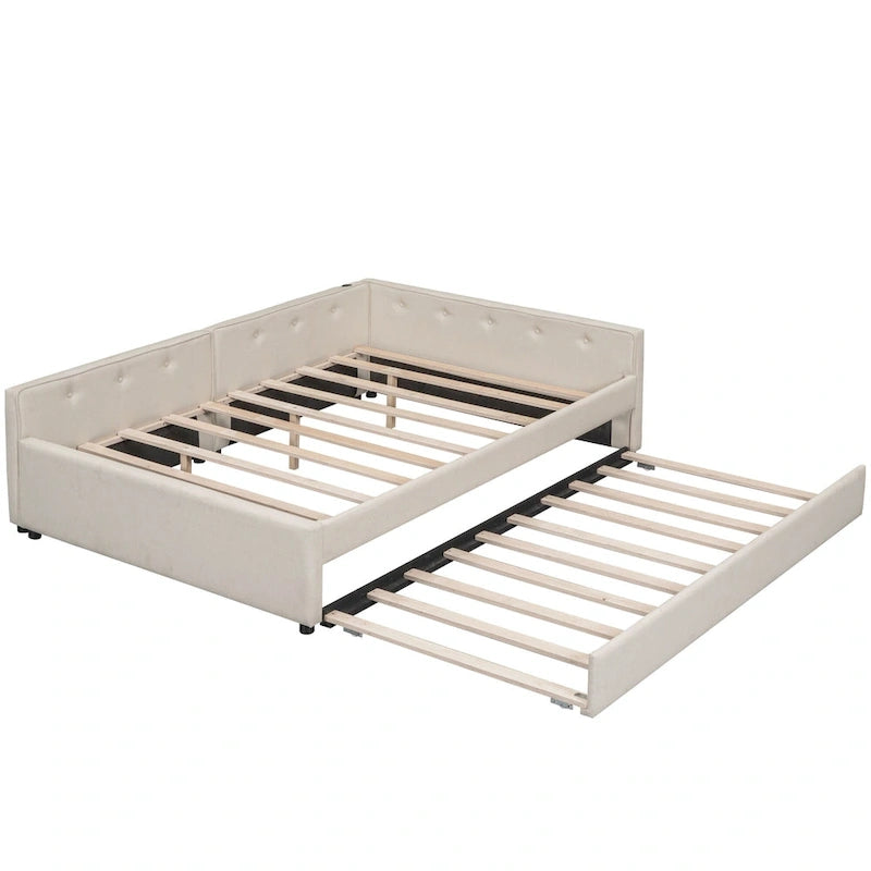 Lit plateforme double en lin beige avec tiroir-lit simple et ports de chargement USB, assemblage par 2 personnes