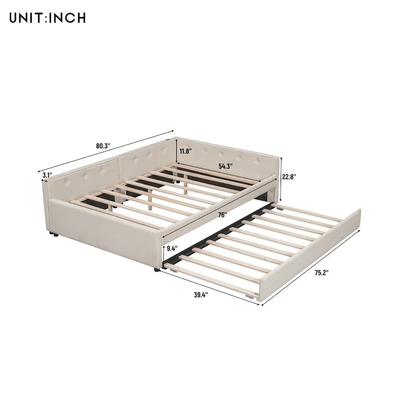 Lit plateforme double en lin beige avec tiroir-lit simple et ports de chargement USB, assemblage par 2 personnes