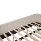 Lit plateforme double en lin beige avec tiroir-lit simple et ports de chargement USB, assemblage par 2 personnes