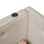 Lit plateforme double en lin beige avec tiroir-lit simple et ports de chargement USB, assemblage par 2 personnes