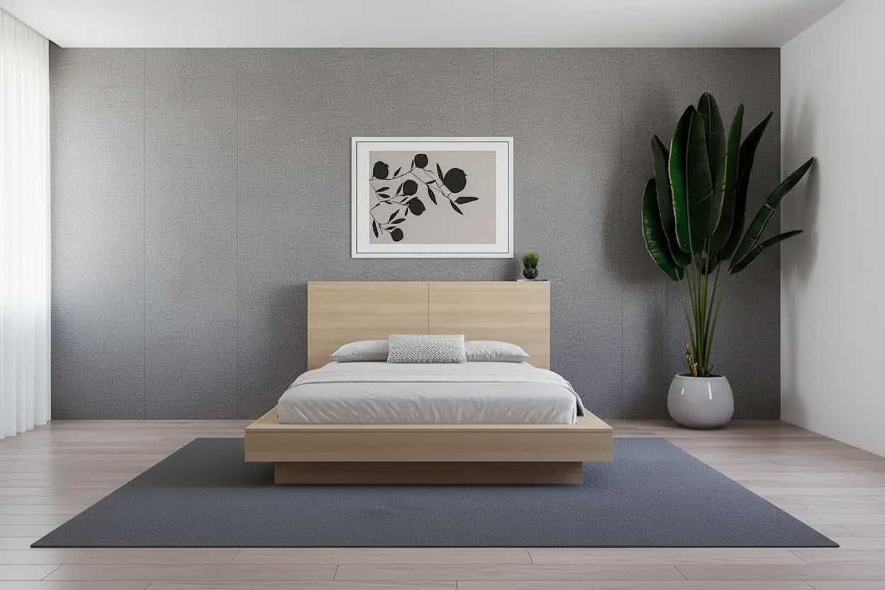 Tête de lit de rangement en bois composite Chêne blond naturel / Chêne brun avec 3 étagères de chaque côté, assemblage par 1 personne