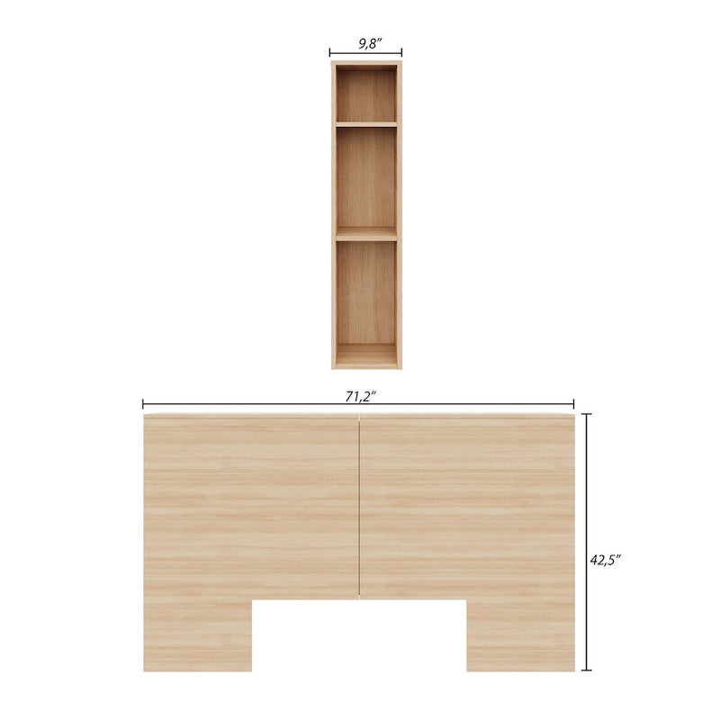 Tête de lit de rangement en bois composite Chêne blond naturel / Chêne brun avec 3 étagères de chaque côté, assemblage par 1 personne