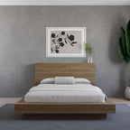 Tête de lit de rangement en bois composite Chêne blond naturel / Chêne brun avec 3 étagères de chaque côté, assemblage par 1 personne