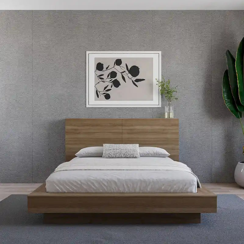 Tête de lit de rangement en bois composite Chêne blond naturel / Chêne brun avec 3 étagères de chaque côté, assemblage par 1 personne