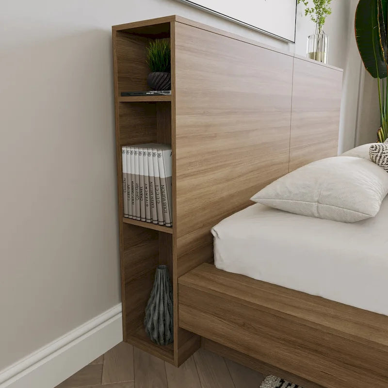 Tête de lit de rangement en bois composite Chêne blond naturel / Chêne brun avec 3 étagères de chaque côté, assemblage par 1 personne