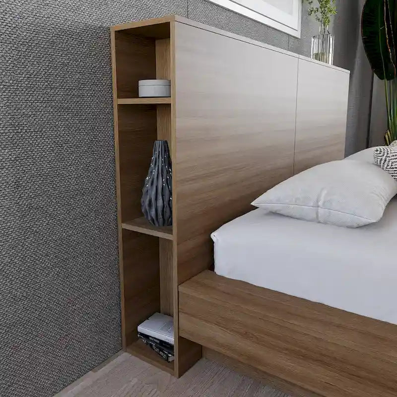 Tête de lit de rangement en bois composite Chêne blond naturel / Chêne brun avec 3 étagères de chaque côté, assemblage par 1 personne