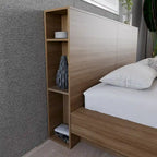 Tête de lit de rangement en bois composite Chêne blond naturel / Chêne brun avec 3 étagères de chaque côté, assemblage par 1 personne