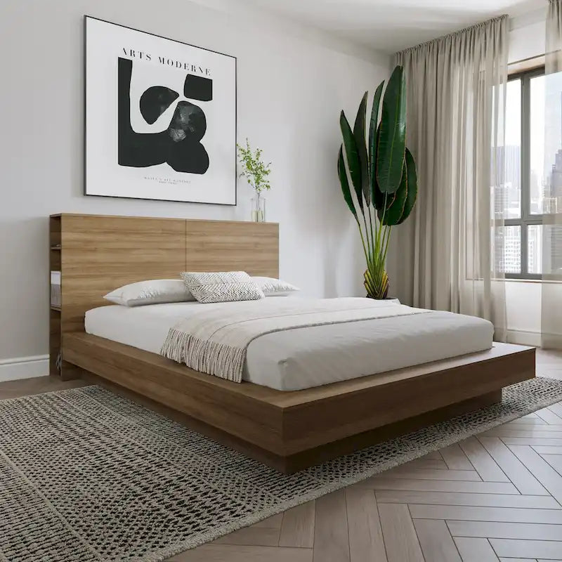 Tête de lit de rangement en bois composite Chêne blond naturel / Chêne brun avec 3 étagères de chaque côté, assemblage par 1 personne