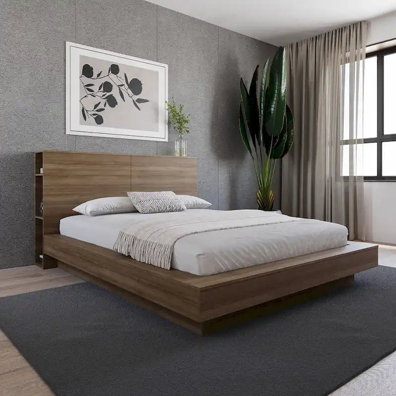Tête de lit de rangement en bois composite Chêne blond naturel / Chêne brun avec 3 étagères de chaque côté, assemblage par 1 personne
