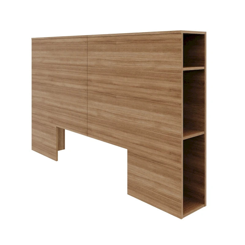Tête de lit de rangement en bois composite Chêne blond naturel / Chêne brun avec 3 étagères de chaque côté, assemblage par 1 personne