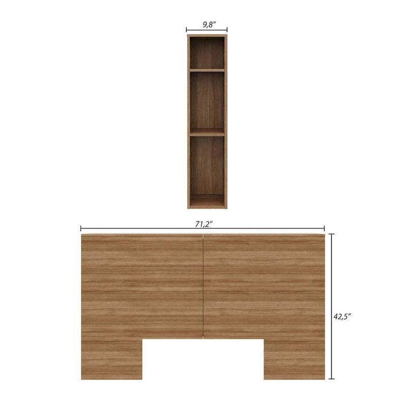 Tête de lit de rangement en bois composite Chêne blond naturel / Chêne brun avec 3 étagères de chaque côté, assemblage par 1 personne