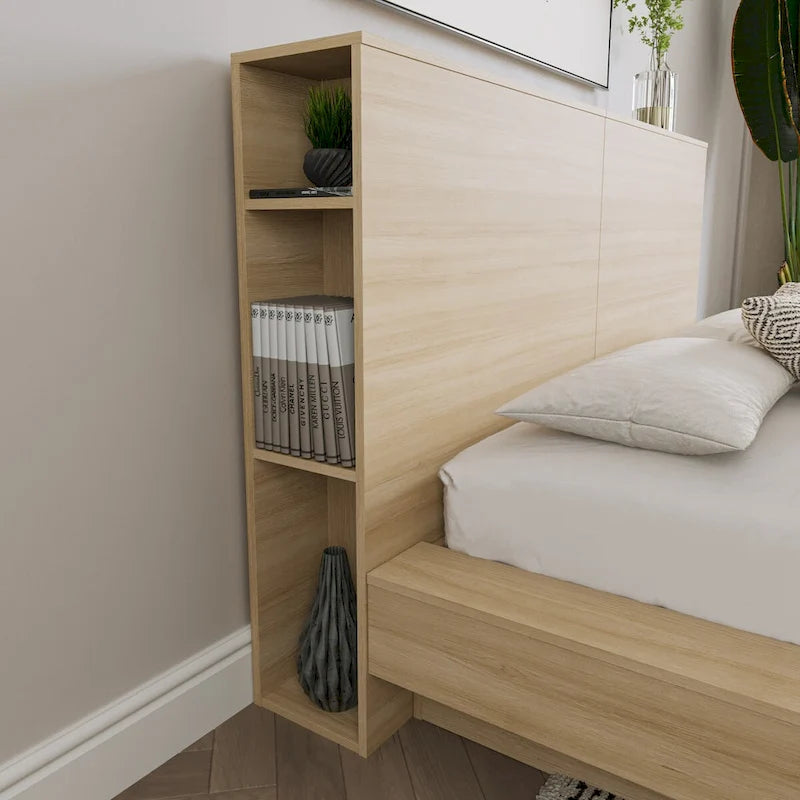 Tête de lit de rangement en bois composite Chêne blond naturel / Chêne brun avec 3 étagères de chaque côté, assemblage par 1 personne