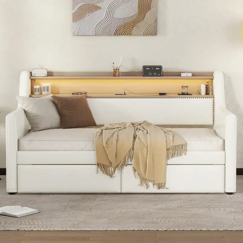 Lit de repos simple en cuir synthétique blanc/beige/gris avec tête de lit de rangement, lumières LED et station de charge, pour 1 personne