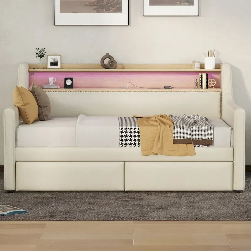 Lit de repos simple en cuir synthétique blanc/beige/gris avec tête de lit de rangement, lumières LED et station de charge, pour 1 personne
