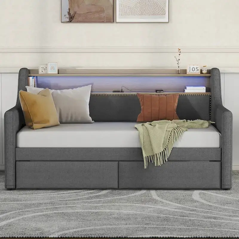 Lit de repos simple en cuir synthétique blanc/beige/gris avec tête de lit de rangement, lumières LED et station de charge, pour 1 personne