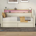 Lit de repos simple en cuir synthétique blanc/beige/gris avec tête de lit de rangement, lumières LED et station de charge, pour 1 personne