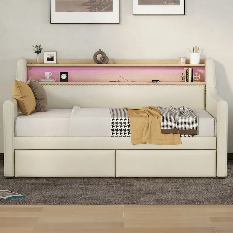 Lit de repos simple en cuir synthétique blanc/beige/gris avec tête de lit de rangement, lumières LED et station de charge, pour 1 personne