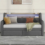 Lit de repos simple en cuir synthétique blanc/beige/gris avec tête de lit de rangement, lumières LED et station de charge, pour 1 personne