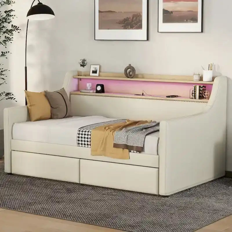 Lit de repos simple en cuir synthétique blanc/beige/gris avec tête de lit de rangement, lumières LED et station de charge, pour 1 personne