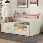 Lit de repos simple en cuir synthétique blanc/beige/gris avec tête de lit de rangement, lumières LED et station de charge, pour 1 personne