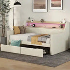 Lit de repos simple en cuir synthétique blanc/beige/gris avec tête de lit de rangement, lumières LED et station de charge, pour 1 personne