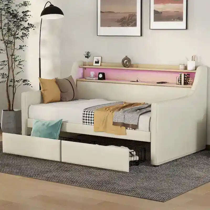 Lit de repos simple en cuir synthétique blanc/beige/gris avec tête de lit de rangement, lumières LED et station de charge, pour 1 personne