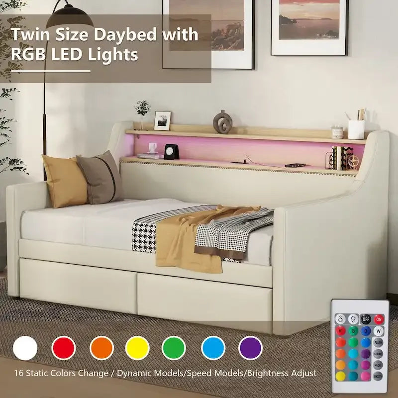 Lit de repos simple en cuir synthétique blanc/beige/gris avec tête de lit de rangement, lumières LED et station de charge, pour 1 personne
