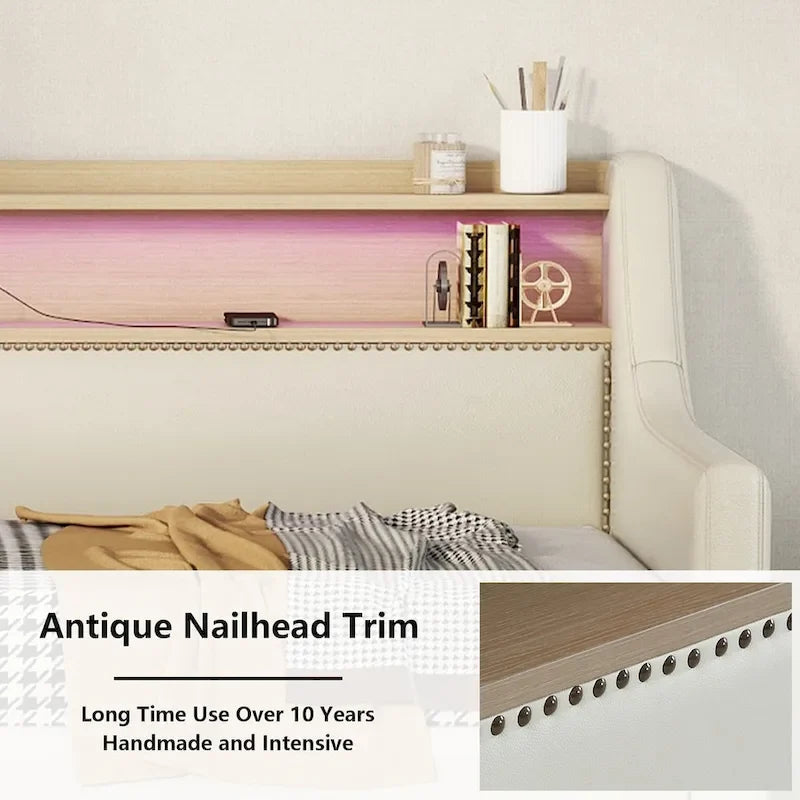 Lit de repos simple en cuir synthétique blanc/beige/gris avec tête de lit de rangement, lumières LED et station de charge, pour 1 personne